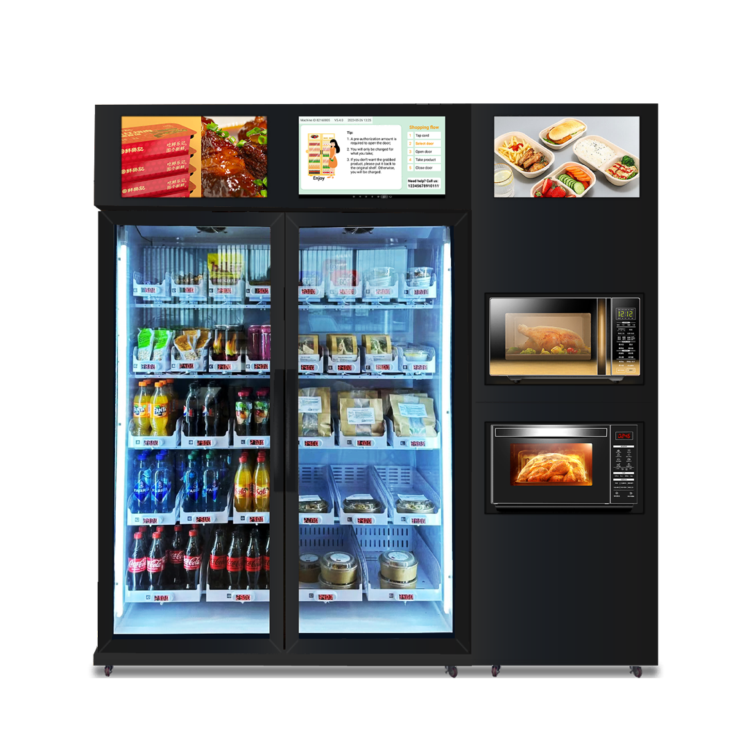 Micron smart fridge vending machine to sell pre made meal with screen and card reader. -18℃~20℃ adjustable cooling